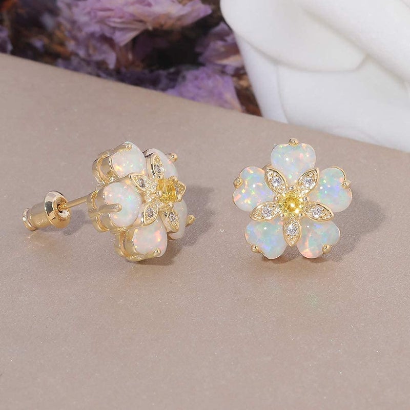 CiNily Yellow Gold Plated Flower Earrings Womens Opal Stud Earrings Ladies Big Hypoallergenic Hypoallergenic Gemstone Earrings - Image 4